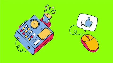 Explosive alarm clock device and computer mouse with thumb icon Stock Footage 331577746