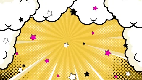 Explosive and colorful elements in a dynamic comic style on yellow background Stock Footage 293263562