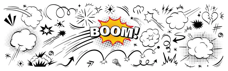 Explosive BOOM comic effect vector bundle. Speed lines, burst smoke, broken 스톡 일러스트