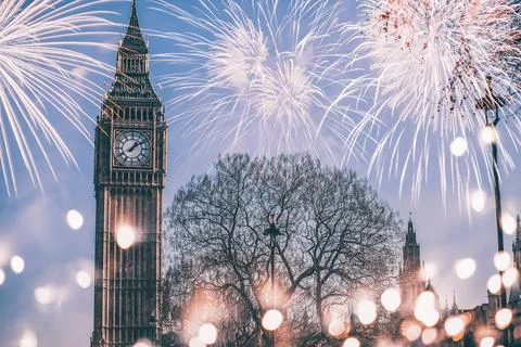 Explosive fireworks around Big Ben. Stock Photos