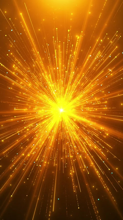 Explosive gold ray motion backdrop intense central flash, long streaks, dotted Stock Footage 334061028