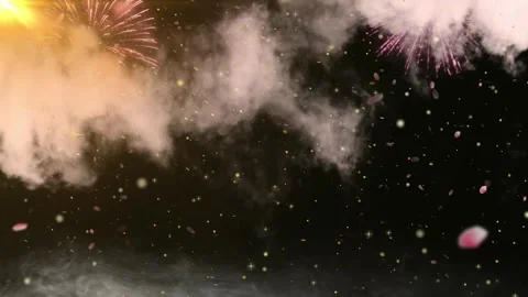 Explosive golden fireworks display with floating petals with black background Stock Footage 338389026