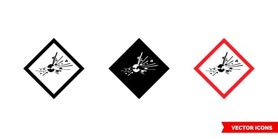 Explosive hazard icon of 3 types color, black and white, outline. Isolated ve Illustrazione stock