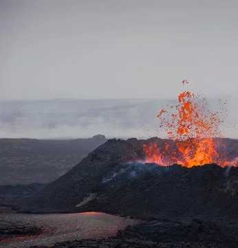 Explosive Lava Fountain Erupting from Active Volcanic Crater Stock Photos