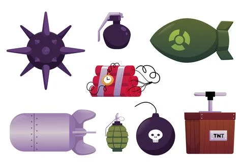 Explosive lethal weapon flat icons vector set, cartoon bomb, grenade, mine, TNT 스톡 일러스트
