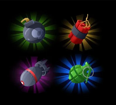 Explosive lethal weapons cartoon vector luminous set, bomb game asset, hand 스톡 일러스트