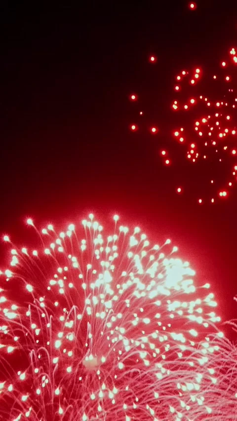 Explosive red fireworks lighting up the night sky during a summer festival Stock Footage 299459837