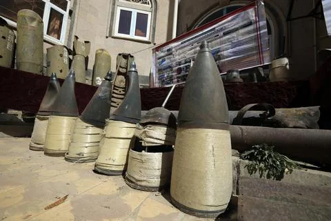 Explosive remnants of war put on display in Sana'a, Sanaa, Yemen - 03 Oct 2023 Stock Photos