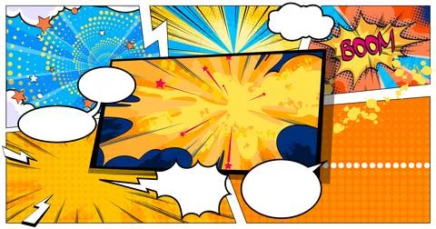 Explosive superhero action with comic clouds Illustrazione stock