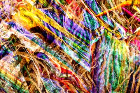 Explosive tangle of colorful threads and fibrous textures in yellow, magenta Stock Photos