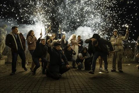 Explosive wedding, fireworks exploded at a wedding during a photo shoot Stock Photos