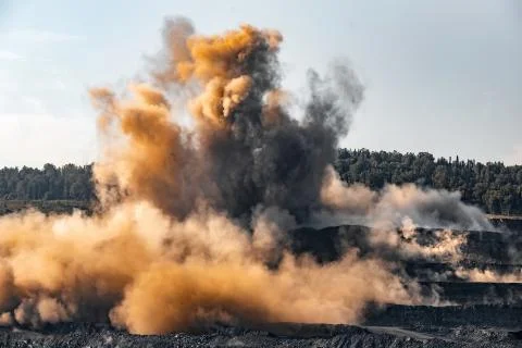 Explosive works on open pit coal mine industry 스톡 사진