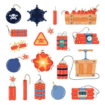 Explosives types. Cartoon dynamite and bombs, weapons of mass destruction Illustrazione stock
