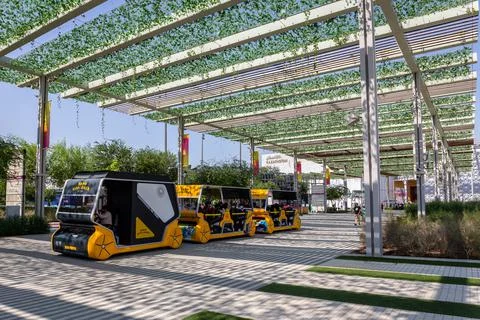 Expo 2020 Dubai - Expo Explorer yellow compressed air train Stock Photos