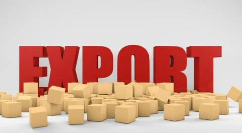 Export 3d text standing in cardboard box pile on white background Stock Illustration