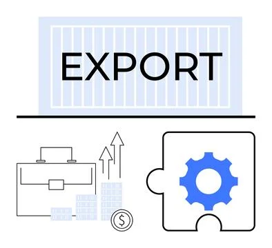 Export container with bold text, business briefcase, stacks of coins, rising  イラスト素材