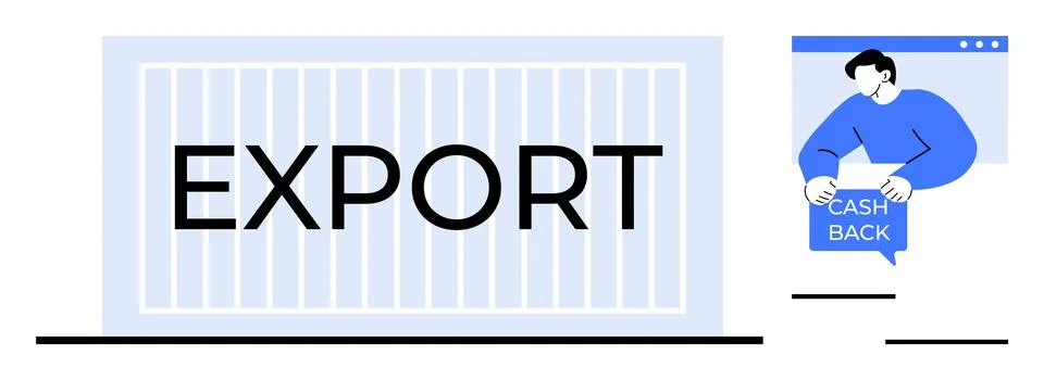 Export Container with Cash Back Notification and Person on Computer Screen Stock Illustration