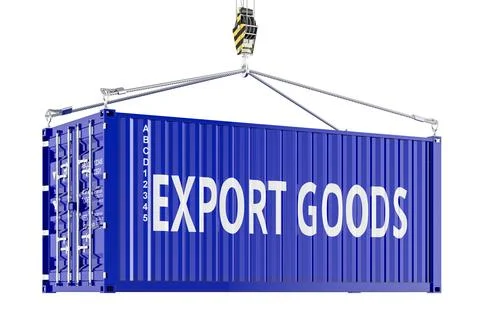 Export Goods concept with shipping container lifted by crane. 3D rendering Stock Illustration
