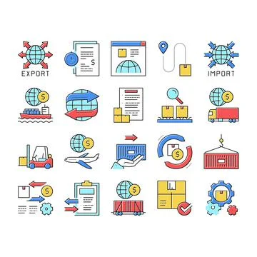 Export Import Logistic Collection Icons Set Vector . Stock Illustration