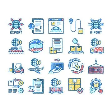 Export Import Logistic set Icons hand drawn Stock Illustration