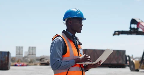 Export, inspection and black man with laptop, shipping yard and thinking with Stock Footage 319845801