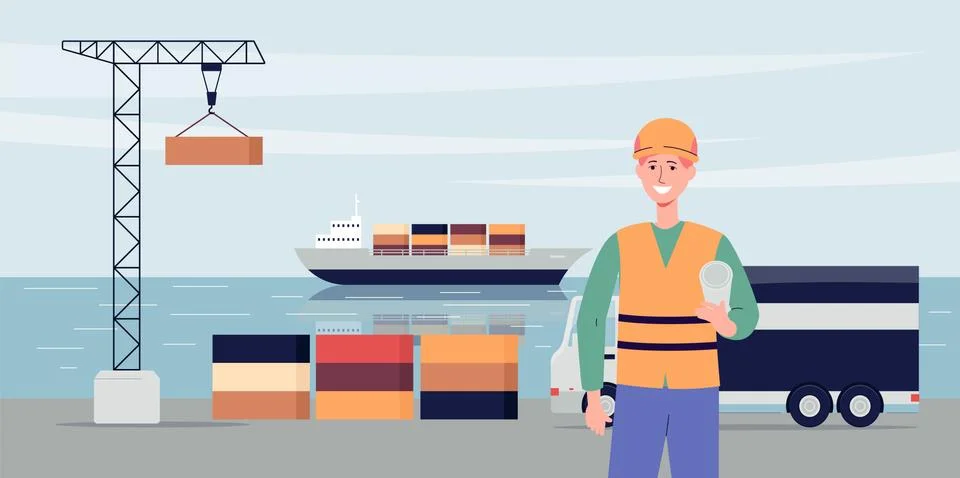 Export ship port background with ship and crane, flat vector illustration. Stock Illustration