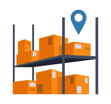 Export supply. Cargo delivery. Warehouse shelves with cardboard boxes. Location Stock Illustration