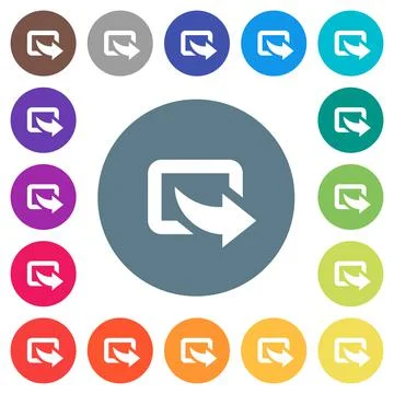 Export symbol with bottom right arrow flat white icons on round color backgro Illustrazione stock
