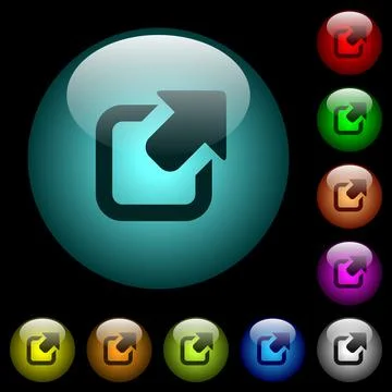 Export symbol with upper right arrow icons in color illuminated glass buttons Illustrazione stock