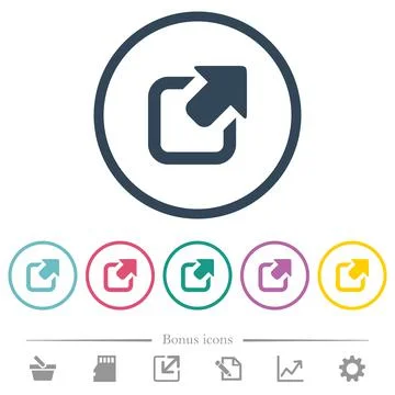 Export symbol with upper right arrow flat color icons in round outlines Illustrazione stock