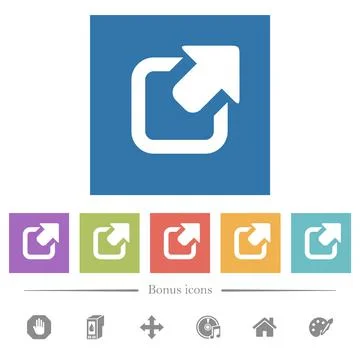 Export symbol with upper right arrow flat white icons in square backgrounds Illustrazione stock