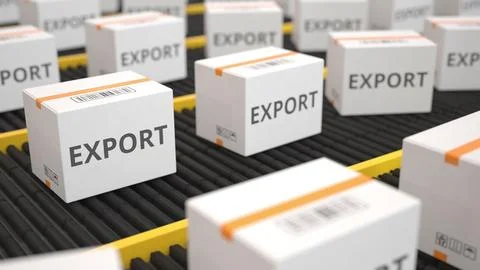 EXPORT text on white boxes on the industrial conveyor. 3D rendering Stock Illustration