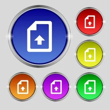 Export, Upload file icon sign. Round symbol on bright colourful buttons. Stock Illustration