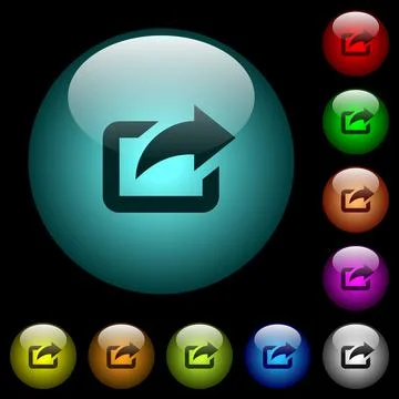 Export with upper right arrow icons in color illuminated glass buttons Illustrazione stock