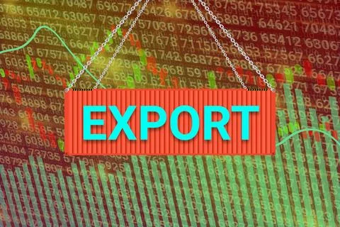 Export word on hanging cargo container on graph background. Stock Illustration