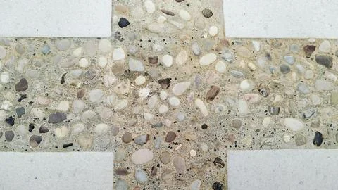 Exposed aggregate concrete texture background with colorful pebble wash. Stock Photos