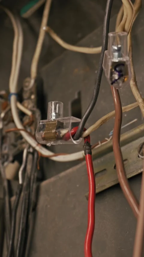 Exposed Electrical Wiring And Terminal Blocks In Switchboard Stock Footage 325967080