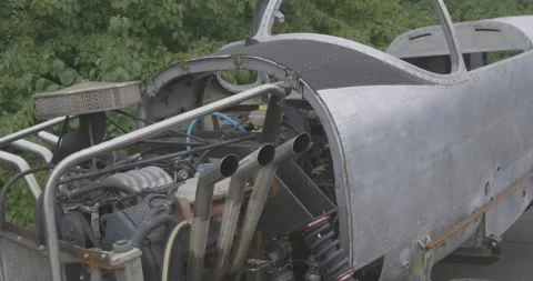 Exposed Engine and Chrome Exhaust of a Custom Race Car, Workshop Yard, Close Up Stock Footage 340310018