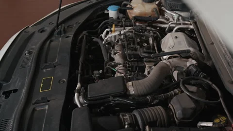 Exposed Engine of Car during Servicing Works at Garage Stock Footage 329406282