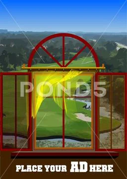 Exposed modern window. Window view of the golf course. 3d color vector