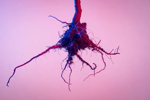 Exposed plant root system in neon pink and blue light Stock Photos