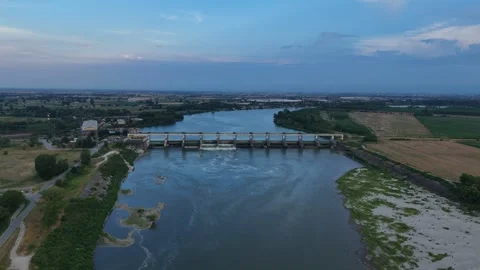 Exposed Po River bed and sandbanks reveal severe low water at Isola Serafini Stock Footage 340604000
