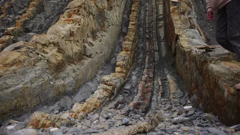 Exposed Rock Layers Forming Striated Coastal Cliff Face Stock Footage 310229176