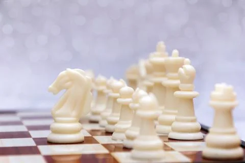 Exposed white chess pieces, first move with knight on chessboard. Chess strat Stock Photos