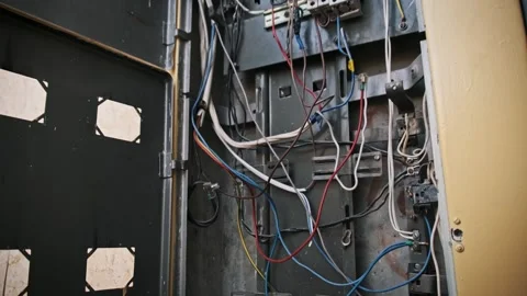 Exposed Wires in Electrical Panel with Fuse Box Stock Footage 297053465