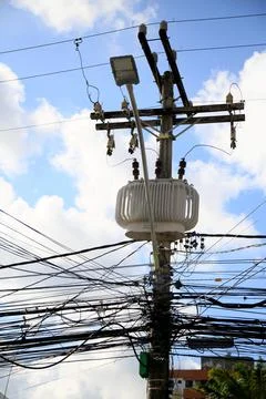 Exposed wiring on electrical network pole Stock Photos