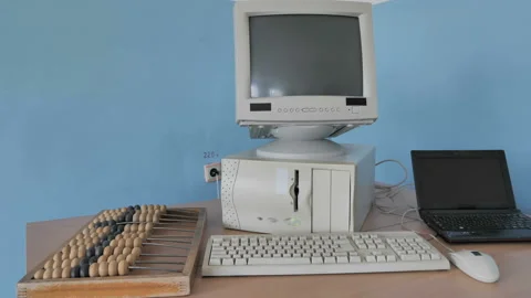 Exposition Of Abacus Calculator, Retro Computer And Modern Laptop. Development O Stock Footage 126372139