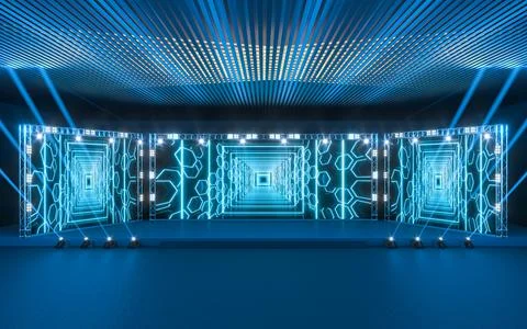 Exposition stage with blank billboard, 3d rendering. Stock Illustration