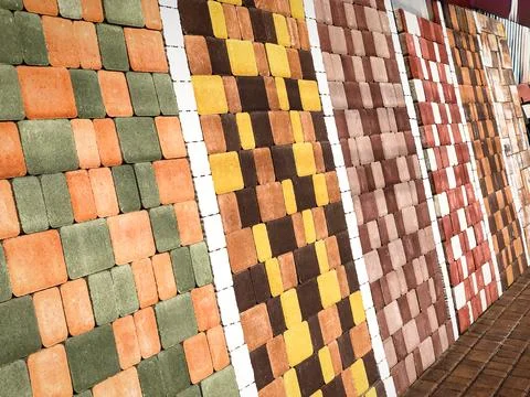 An exposition stand with different types of paving stones Stock Photos