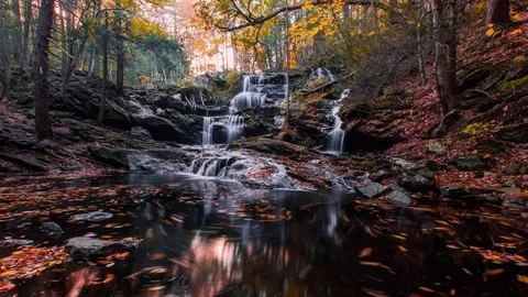 Exposure Time Lapse of Trickling Waterfall in Autumn at Sunset Video stock 82760891